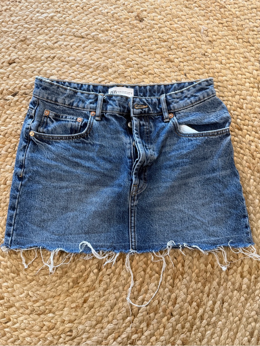 Zara Washed Blue Denim Mini Skirt with Frayed Hem